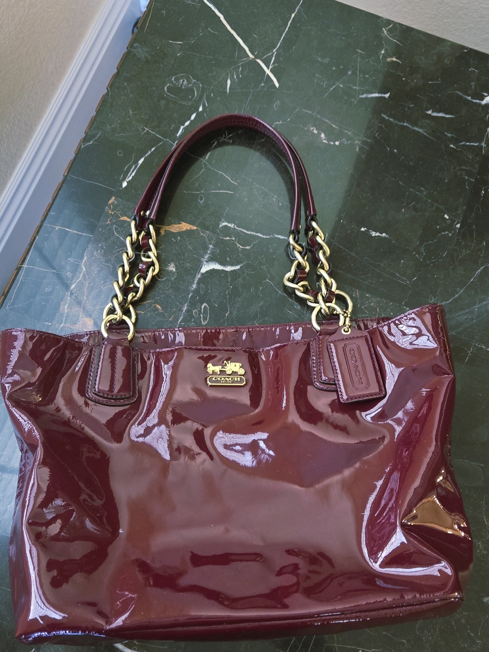 Coach Patent Leather Tote in Burgundy with Gold-Tone Chain Handles & Dustbag